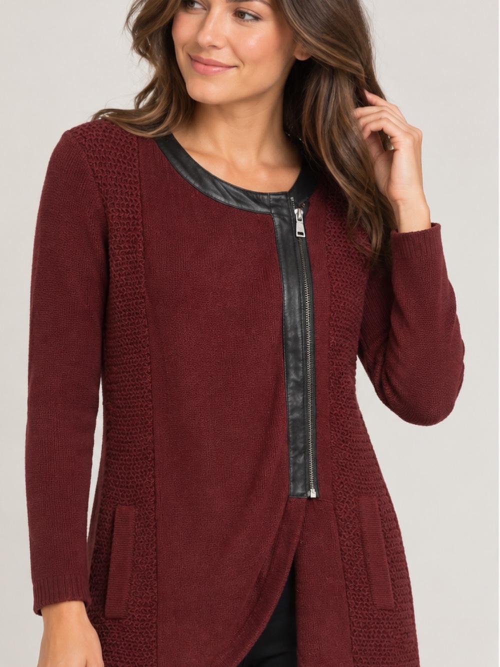 Nanette Lepore Maroon Knit tunic sweater with Black Faux Leather Trim